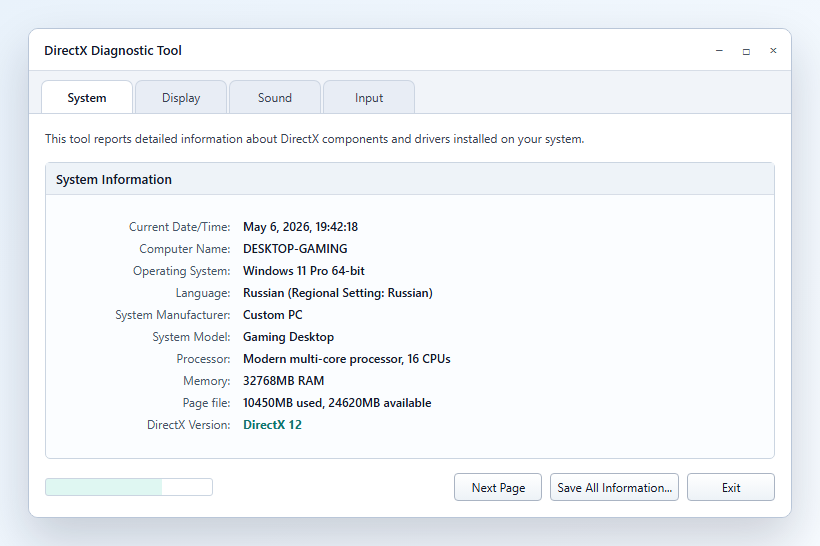 Schermafbeelding van DirectX Diagnostic Tool met het tabblad Systeem en de regel DirectX-versie